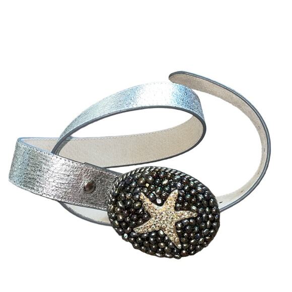 Beachhouse Etc. Black Pearl & Crystal Starfish Buckle Silver Leather Belt - Picture 1 of 6